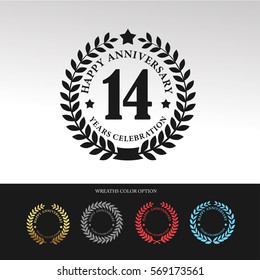 Black Laurel wreath Anniversary.14 years anniversary. With  wreaths color option. Vector illustration