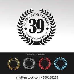 Black Laurel wreath Anniversary.39 years anniversary. With  wreaths color option. Vector illustration