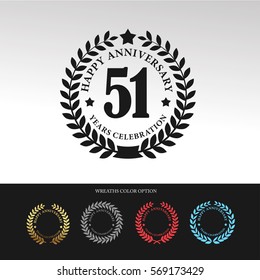 Black Laurel wreath Anniversary.51 years anniversary. With  wreaths color option. Vector illustration