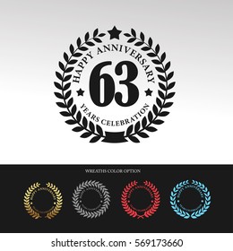 Black Laurel wreath Anniversary.63 years anniversary. With  wreaths color option. Vector illustration