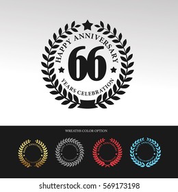 Black Laurel wreath Anniversary.66 years anniversary. With  wreaths color option. Vector illustration