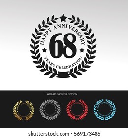 Black Laurel wreath Anniversary.68 years anniversary. With  wreaths color option. Vector illustration