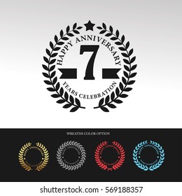 Black Laurel wreath Anniversary.7 years anniversary. With  wreaths color option. Vector illustration