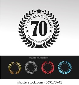 Black Laurel wreath Anniversary.70 years anniversary. With  wreaths color option. Vector illustration