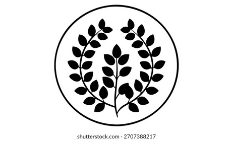 Black laurel wreath emblem inside a circle 
