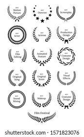 Black laurel wreath with Film Awards design elements. Premium insignia, traditional victory symbol on white background. Triumph, win poster, banner layout with award ribbons. Frame, border template