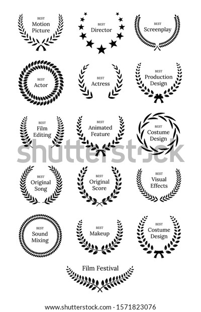 Black laurel wreath with Film Awards design\
elements. Premium insignia, traditional victory symbol on white\
background. Triumph, win poster, banner layout with award ribbons.\
Frame, border template