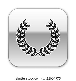Black Laurel wreath icon isolated on white background. Triumph symbol. Silver square button. Vector Illustration