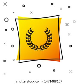 Black Laurel wreath icon isolated on white background. Triumph symbol. Yellow square button. Vector Illustration