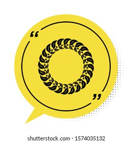 Black Laurel wreath icon isolated on white background. Triumph symbol. Yellow speech bubble symbol. Vector Illustration