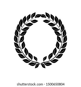 Black laurel wreath reward. Modern symbol of victory and award achievement champion. Leaf ceremony awarding of winner tournament. Monochrome template for badge. Design element. Vector illustration.