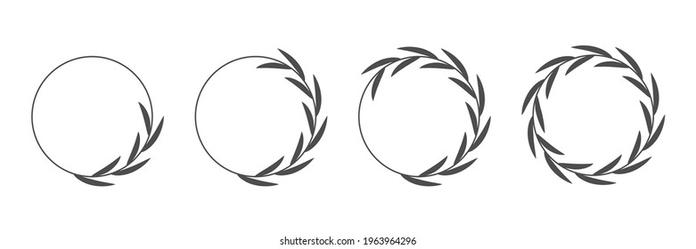 Black laurel wreath round frame set. Rings with leaves, circle award logo or emblem vector illustration. Roman circular badge for anniversary, wedding, award isolated on white background.