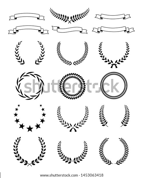 Black\
laurel wreath with text space set. Premium insignia, traditional\
victory symbol on white background. Triumph, win poster, banner\
layout with award ribbons. Frame, border\
template