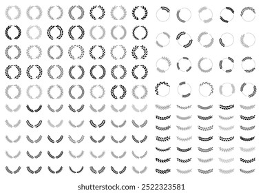 Black laurel wreaths mega set on transparent background. Floral round frames of leaves. Awards, winner, trophy, branches, foliate or leaves circle badge. Vintage heraldry branching leaf label template