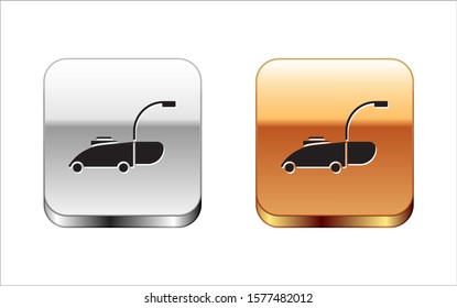 Black Lawn mower icon isolated on white background. Lawn mower cutting grass. Silver-gold square button. Vector Illustration