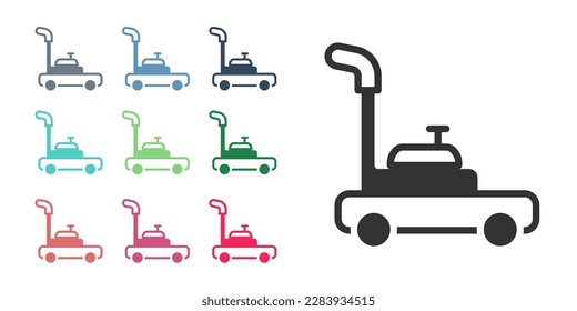 Black Lawn mower icon isolated on white background. Lawn mower cutting grass. Set icons colorful. Vector
