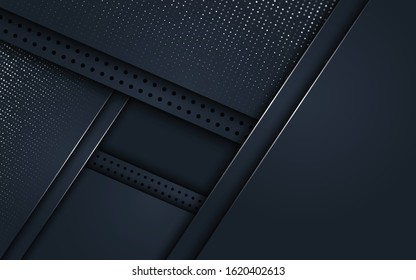 Black layer background. Abstract realistic layer decoration textured with abstract shapes and golden halftone pattern. 3d backdrop. Vector illustration. Cover layout template. Modern design