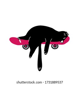 A black lazy cat is lying with its paws dangling on a pink skateboard. Vector illustration in a hand-drawn style.Suitable for stickers, stickers, t-shirt design. Isolated on a white background.