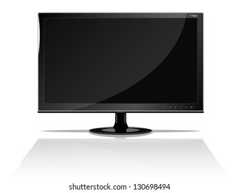 black LCD monitor on a white background with the reflection