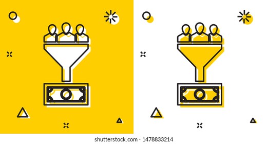 Black Lead management icon isolated on yellow and white background. Funnel with people, money. Target client business concept. Random dynamic shapes. Vector Illustration