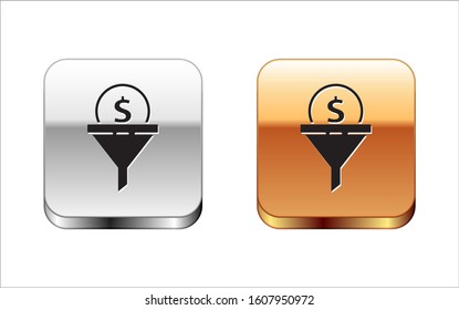 Black Lead management icon isolated on white background. Funnel with money. Target client business concept. Silver-gold square button. Vector Illustration