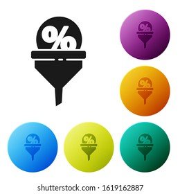 Black Lead management icon isolated on white background. Funnel with discount percent. Target client business concept. Set icons colorful circle buttons. Vector Illustration