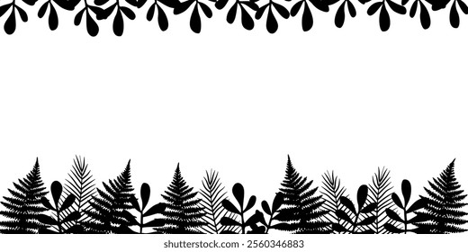 Black leaf background. Fern leaves green botanical card. Vector abstract illustration on white background