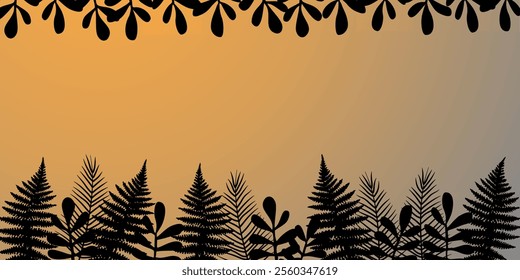 Black leaf background. Fern leaves botanical card. Vector abstract illustration on grey and yellow background.