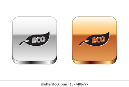 Black Leaf Eco symbol icon isolated on white background. Banner, label, tag, logo, sticker for eco green. Silver-gold square button. Vector Illustration