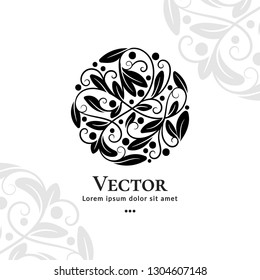 Black leaf emblem. Elegant, classic vector. Can be used for jewelry, beauty and fashion industry. Great for logo, monogram, invitation, flyer, menu, brochure, background, or any desired idea.