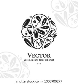 Black leaf emblem. Elegant, classic vector. Can be used for jewelry, beauty and fashion industry. Great for logo, monogram, invitation, flyer, menu, brochure, background, or any desired idea.