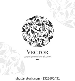Black leaf emblem. Elegant, classic vector. Can be used for jewelry, beauty and fashion industry. Great for logo, monogram, invitation, flyer, menu, brochure, background, or any desired idea.