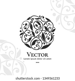Black leaf emblem. Elegant, classic vector. Can be used for jewelry, beauty and fashion industry. Great for logo, monogram, invitation, flyer, menu, brochure, background, or any desired idea.