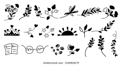Black leaf and flower decorative elements vector set Designed in doodle style for cards, fabric patterns, digital printing, decorations, springs, etc.