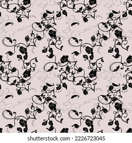 black leaf and flower ivy pattern print textile with pink background