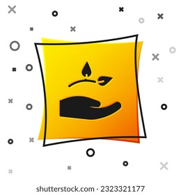 Black Leaf in hand of environmental protection icon isolated on white background. Seed and seedling. Planting sapling. Ecology concept. Yellow square button. Vector