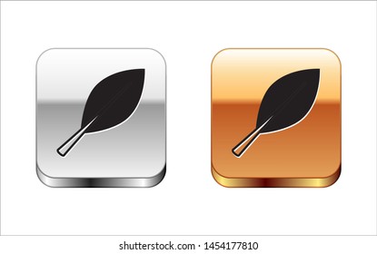 Black Leaf icon isolated on white background. Fresh natural product symbol. Silver-gold square button. Vector Illustration