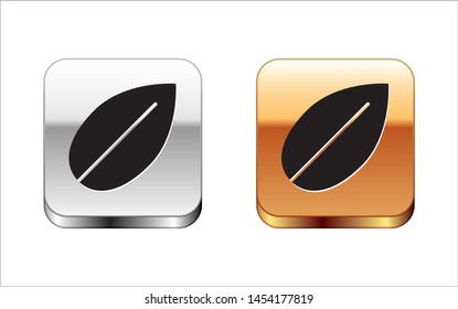 Black Leaf icon isolated on white background. Fresh natural product symbol. Silver-gold square button. Vector Illustration