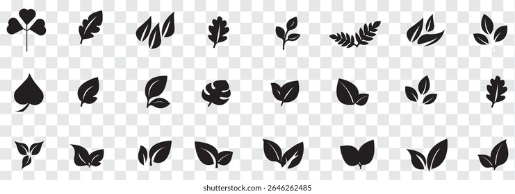 Conjunto de iconos Black Leaf. Eco amigable y bio logo, vegano. Deja colección. Conjunto de hojas de ecología. Hoja aislada sobre fondo blanco. Hojas de Variedad Diseño. EPS 10.