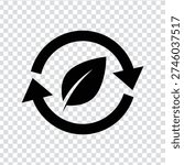 A black leaf icon with two arrows forming a circular motion around it, set against a transparent background with a subtle grey and white checkerboard pattern