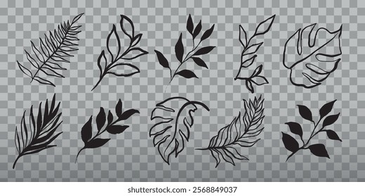 Black leaf illustrations on a pink background. Various leaf designs in black. Simple, artistic leaf patterns. Black leaves stand out on pink. Aesthetic hand drawn nature element vector set.