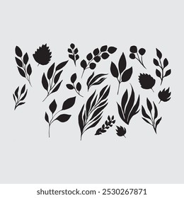 Conjunto de siluetas entintadas de hoja negra. Ilustración aislada de Vector