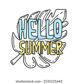black leaf line style vector illustration with hello summer text suitable for sticker, summer decoration