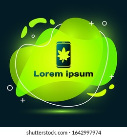 Black Leaf on mobile phone screen icon isolated on black background. Abstract banner with liquid shapes. Vector Illustration