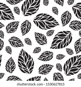 black leaf seamless pattern isolated white background, vector illustration