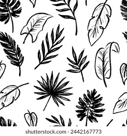 Black leaf seamless pattern vector background. Hand drawn crayon abstract texture tropical tree leaf seamless pattern. Black, white texture leaves floral print. Vector illustration