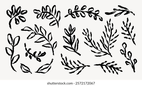 Black leaf sketches, hand-drawn leaves, botanical. Leaf patterns, artistic leaf designs, black and white leaf art, nature-inspired sketches. Hand drawn botanical vector set.