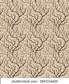 Schwarze, feine Äste, nackte Zweige ohne Blätter, nahtlose Muster. Winter- oder Herbstsaison, Trockenwebstöcke. Wald- oder Holzbarsche aus Stämmen. Hintergrund oder Druck, Vektorgrafik im flachen Stil