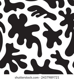 Black leaflike organic biomorphic amoebic curvilinear unregular blotch silhouettes on white background. Splashes of black paint repeated in vector seamless pattern.