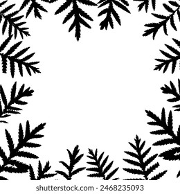 A black leafy frame with a white background. The frame is made up of many leaves, and the leaves are arranged in a circular pattern. The frame is simple and elegant, and it gives a sense of calm